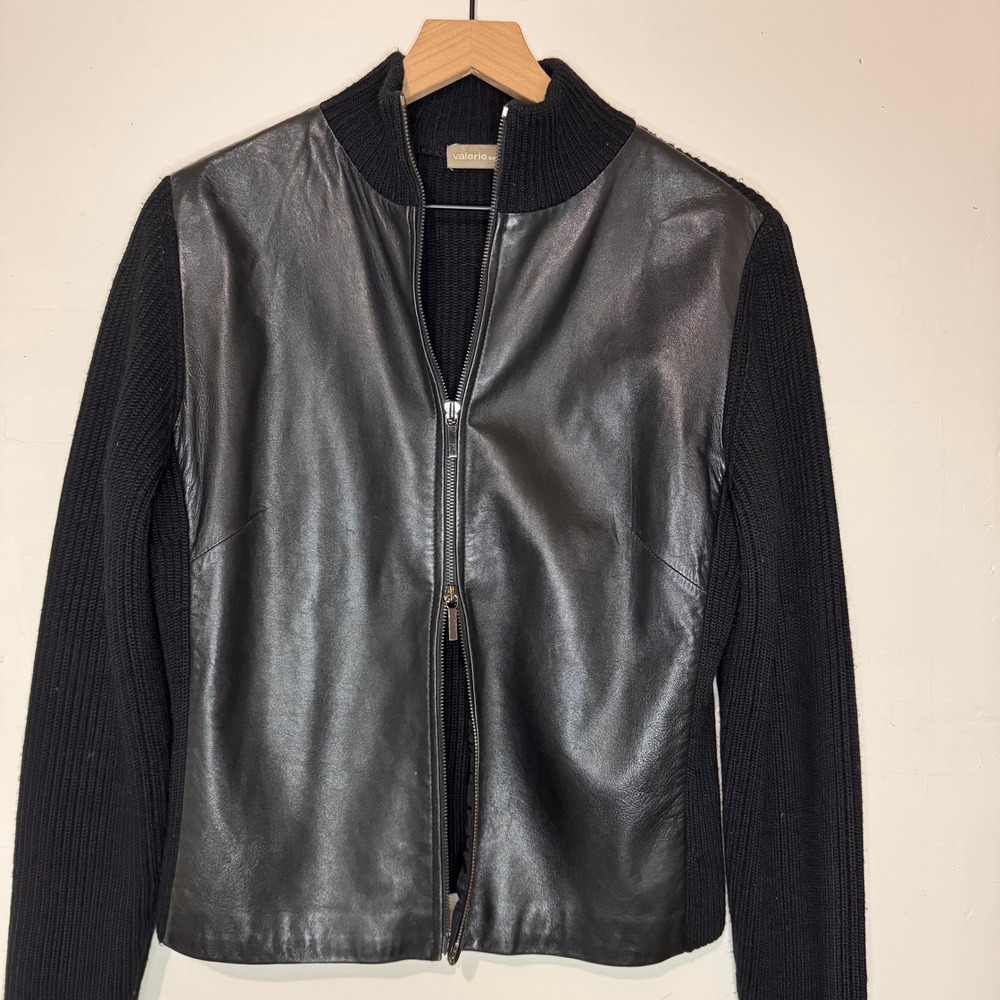 Valerie Separates Leather Wool Blend Cardigan Jacket Size M Black Edgy Casual
